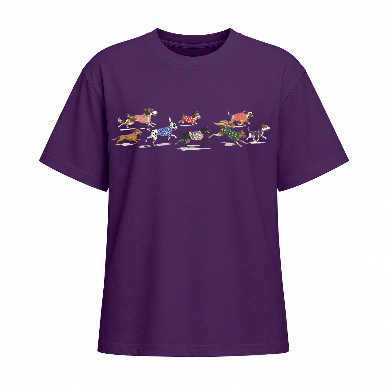 Dark purple short sleeve cotton T shirt with running dogs chest print