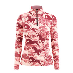 Light pink long sleeve quarter zip riding top with dark red and pale pink running horse and rose floral print, shown flat with a straight finished hem