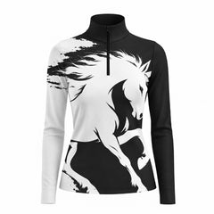 Flat product shot of a black and white long sleeve quarter zip riding top with a running horse print across the front