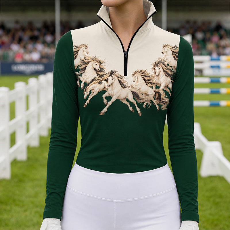 Woman wearing the running horses riding top with white riding pants, black belt and white gloves near show jumping obstacles
