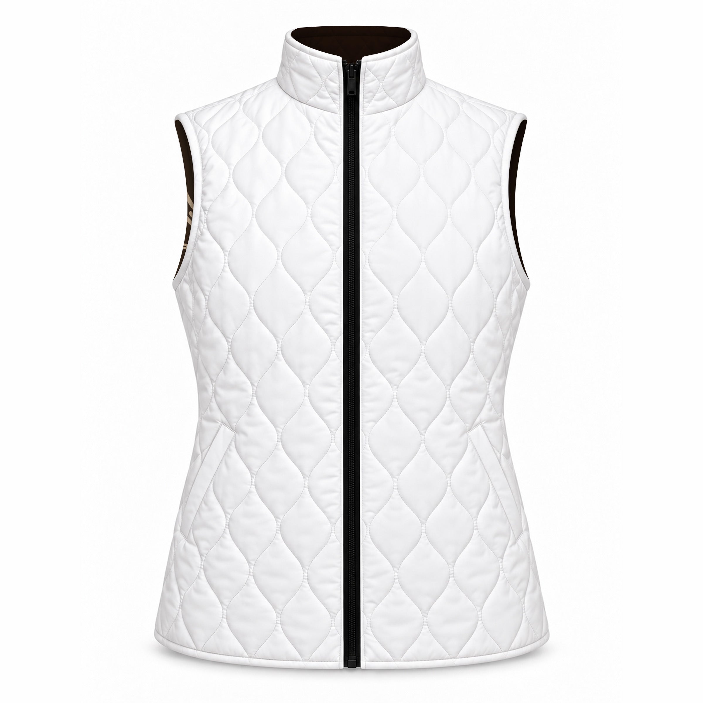 White quilted reverse side of a reversible vest with on point diamond stitching and two angled side entry pockets