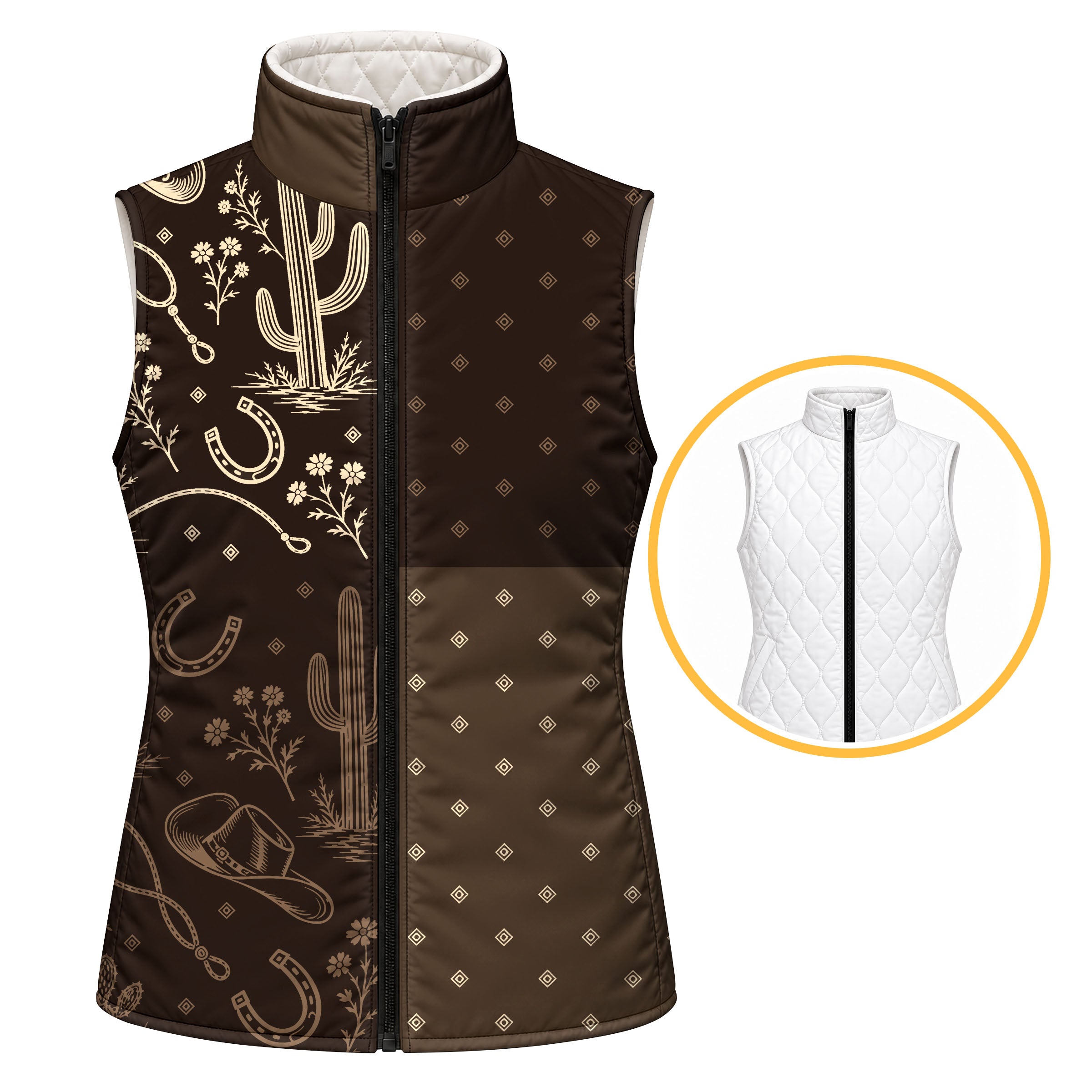 Woman wearing a brown reversible quilted vest with cream and tan western artwork on the right front panel and repeating light diamond shapes on the left front panel