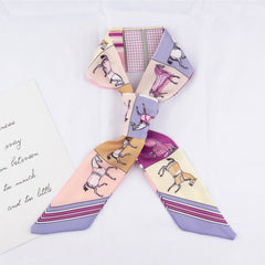 RIDER ATELIER Equestrian Horse Print Silk Skinny Scarf | Multi-Color Horse & Stripe Bag & Hair Accessory