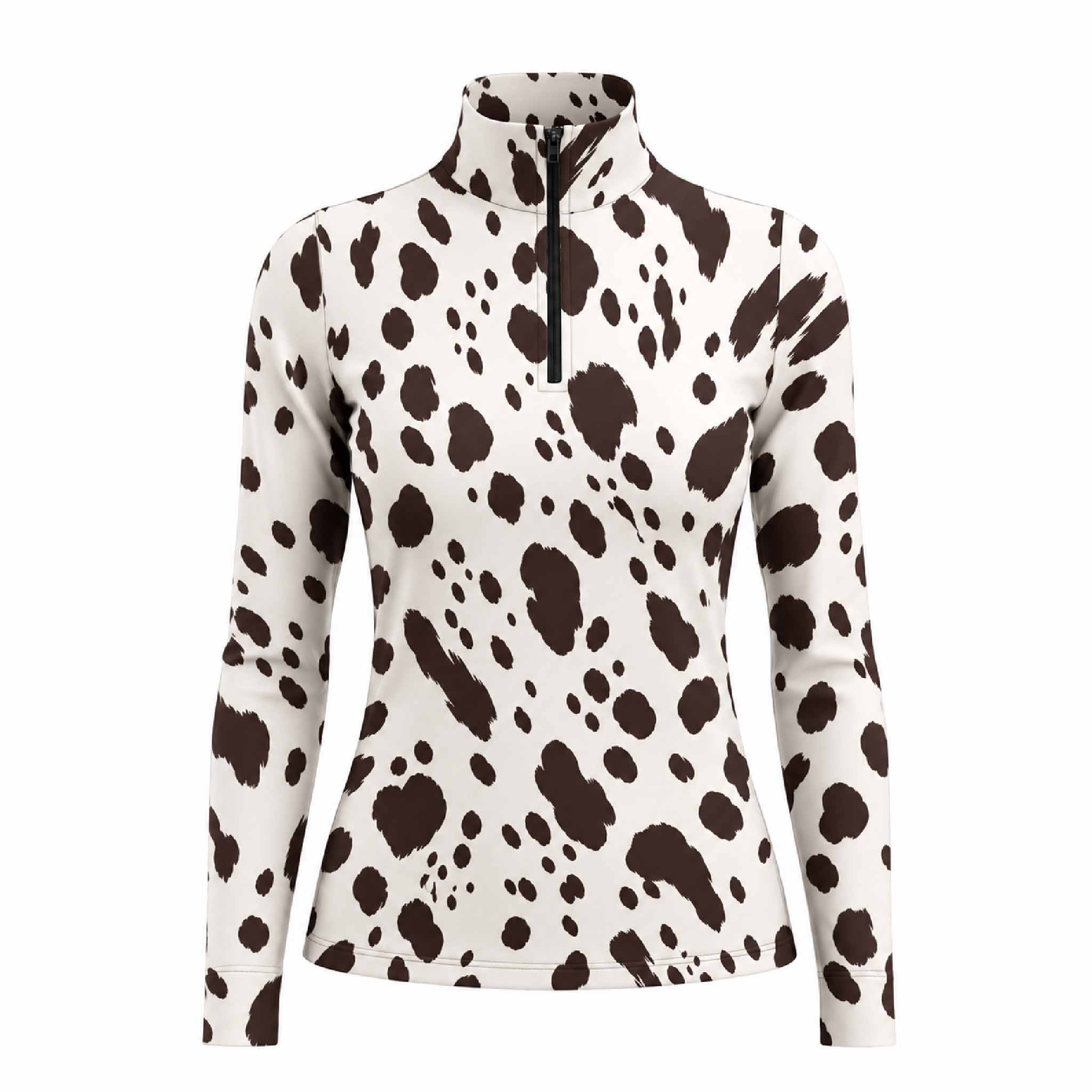 Off white long sleeve quarter zip riding top with irregular dark brown spotted pattern, standing collar and vertical black front zipper