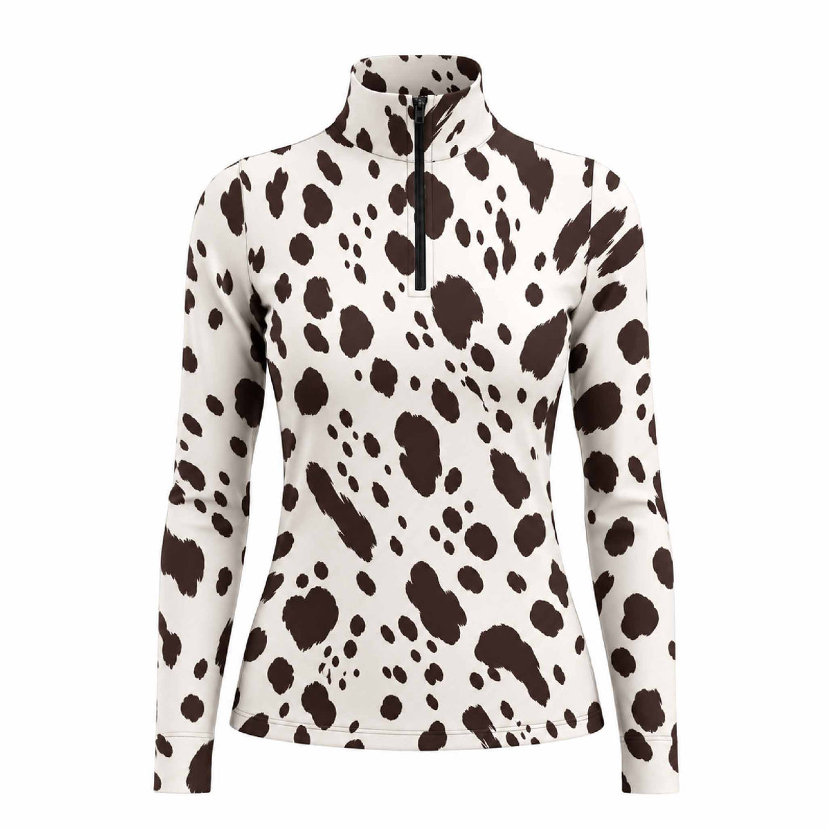 Off white long sleeve quarter zip riding top with irregular dark brown spotted pattern, standing collar and vertical black front zipper