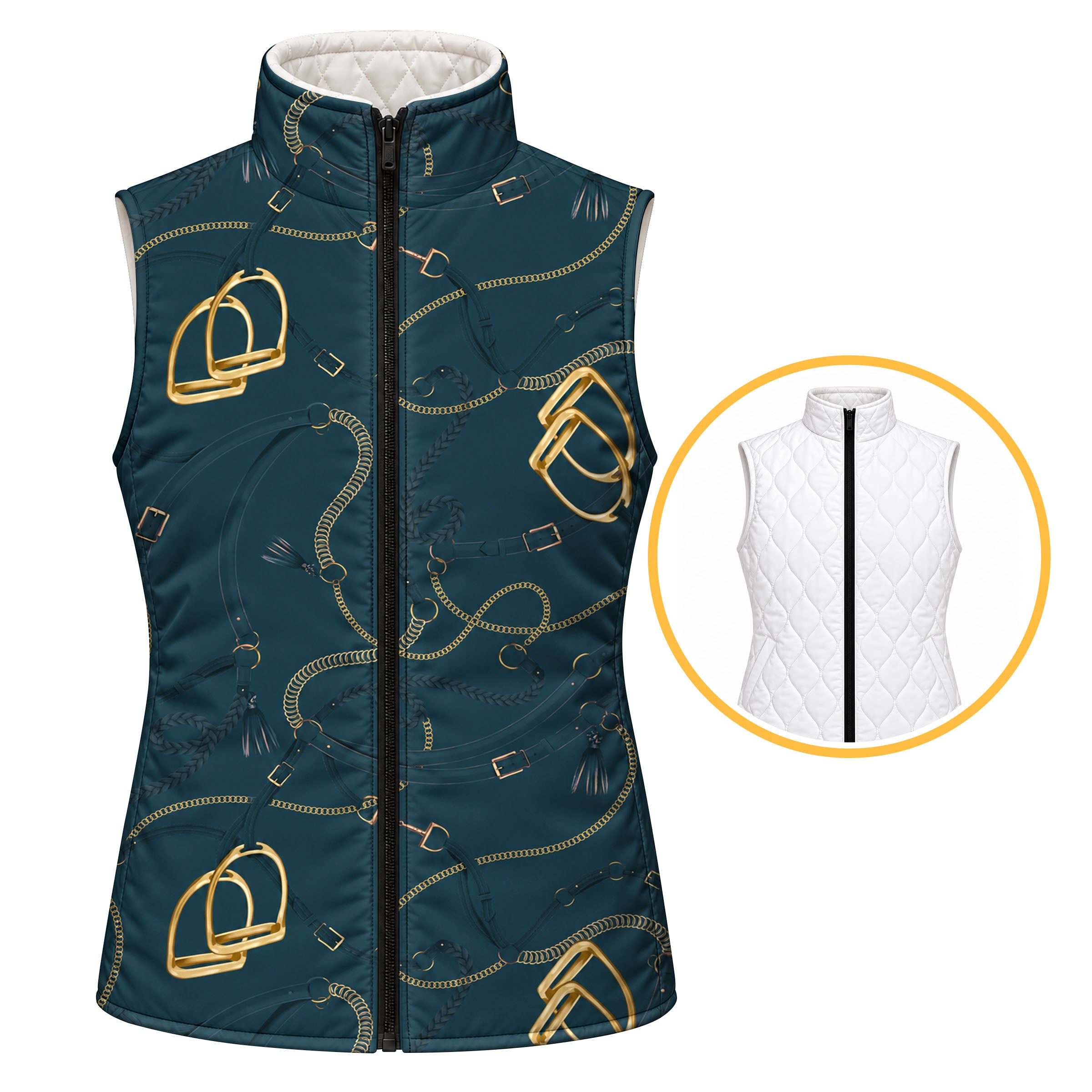 Deep teal reversible quilted equestrian vest with gold stirrup and chain print