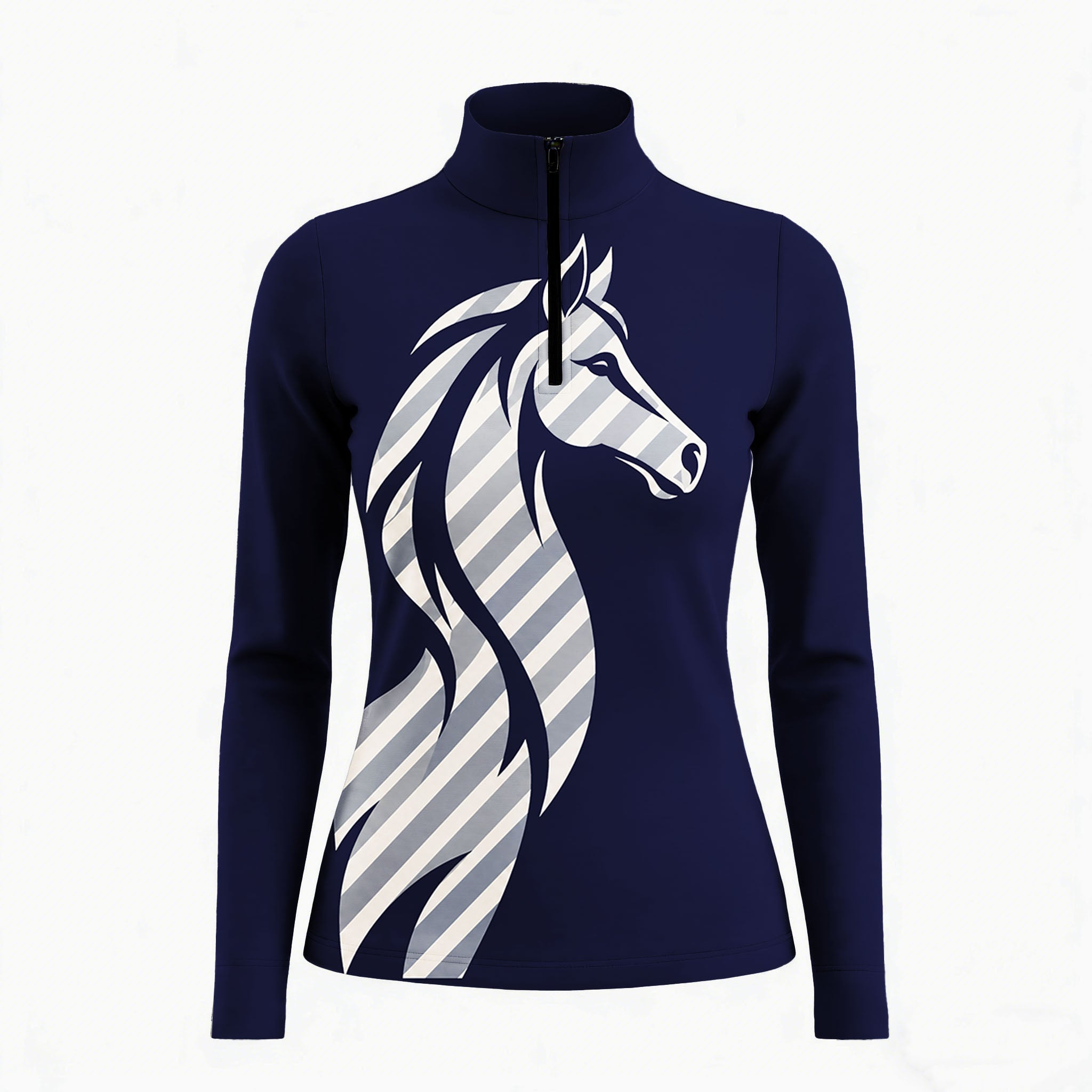 Navy long sleeve quarter zip riding top with a striped horse head print on the front left
