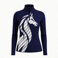 Navy long sleeve quarter zip riding top with a striped horse head print on the front left