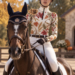 Woman wearing the cream printed long sleeve quarter zip riding top with white breeches and a brown belt near hay bales, pumpkins and fall foliage