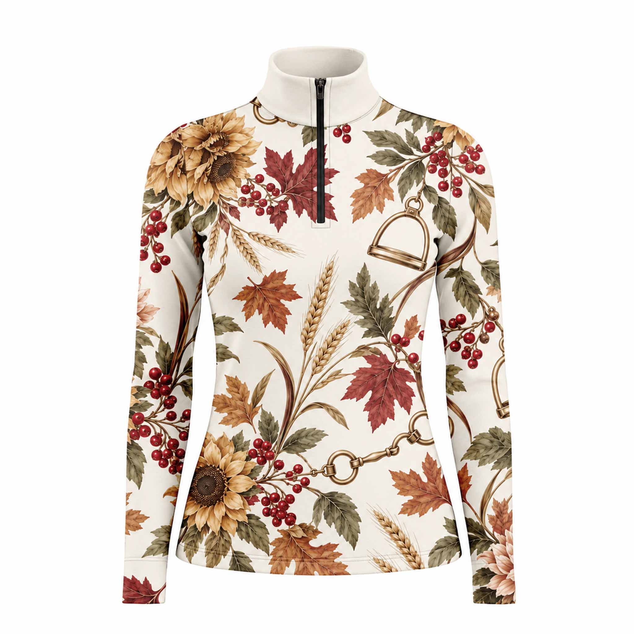 Cream long sleeve quarter zip riding top with all over sunflower, maple leaf, berry, wheat and gold equestrian hardware print, stand up collar and black front zipper