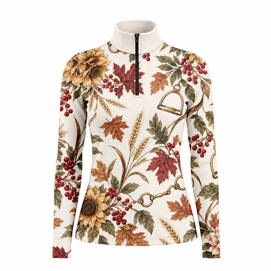 Cream long sleeve quarter zip riding top with all over sunflower, maple leaf, berry, wheat and gold equestrian hardware print, stand up collar and black front zipper
