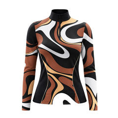 Long sleeve quarter zip riding top with swirling black, warm brown, light tan and off white abstract color block print, solid black stand collar and light tan front side seam piping