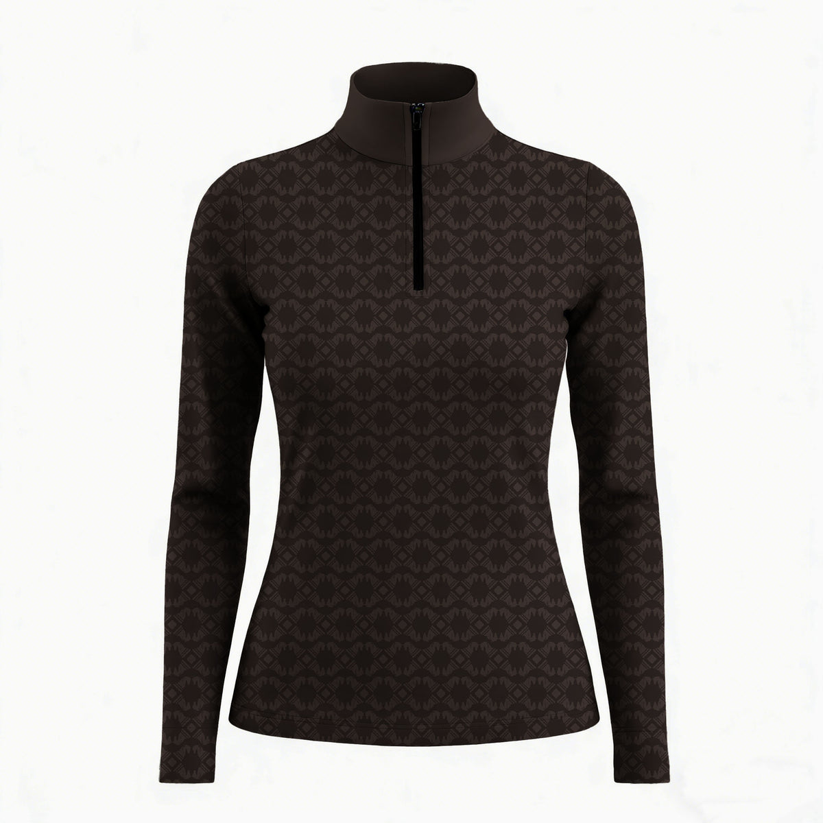 Brown long sleeve quarter zip riding top with tonal geometric print