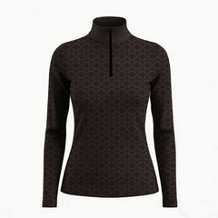 Brown long sleeve quarter zip riding top with tonal geometric print
