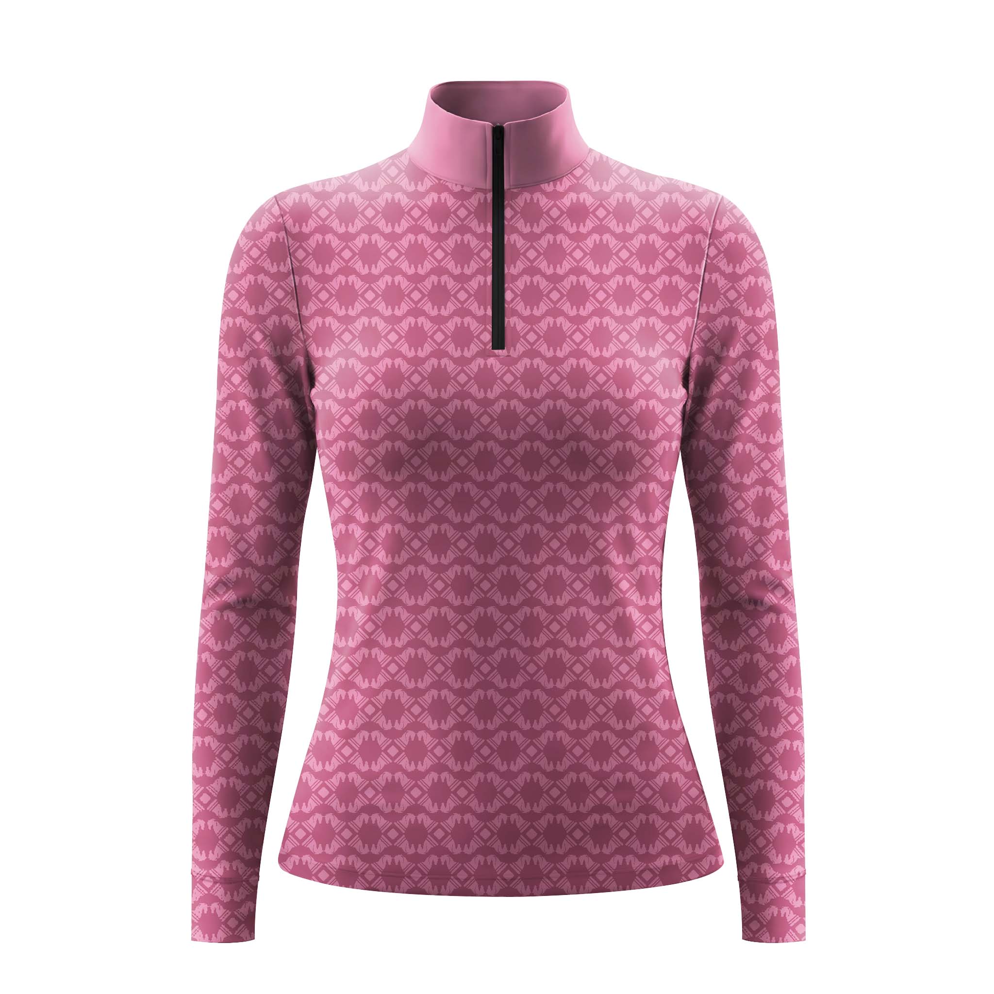 Pink long sleeve quarter zip riding top with tonal geometric print