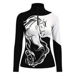 Long sleeve quarter zip riding top with black and white color blocking and a two horse head print on the front