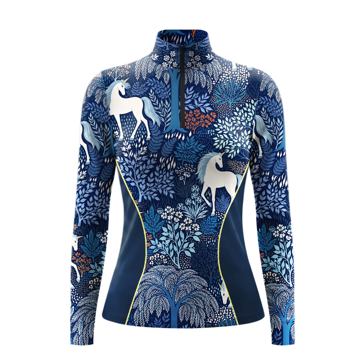 Navy long sleeve quarter zip riding top with white unicorn and blue floral print, stand up collar and yellow piped side panels