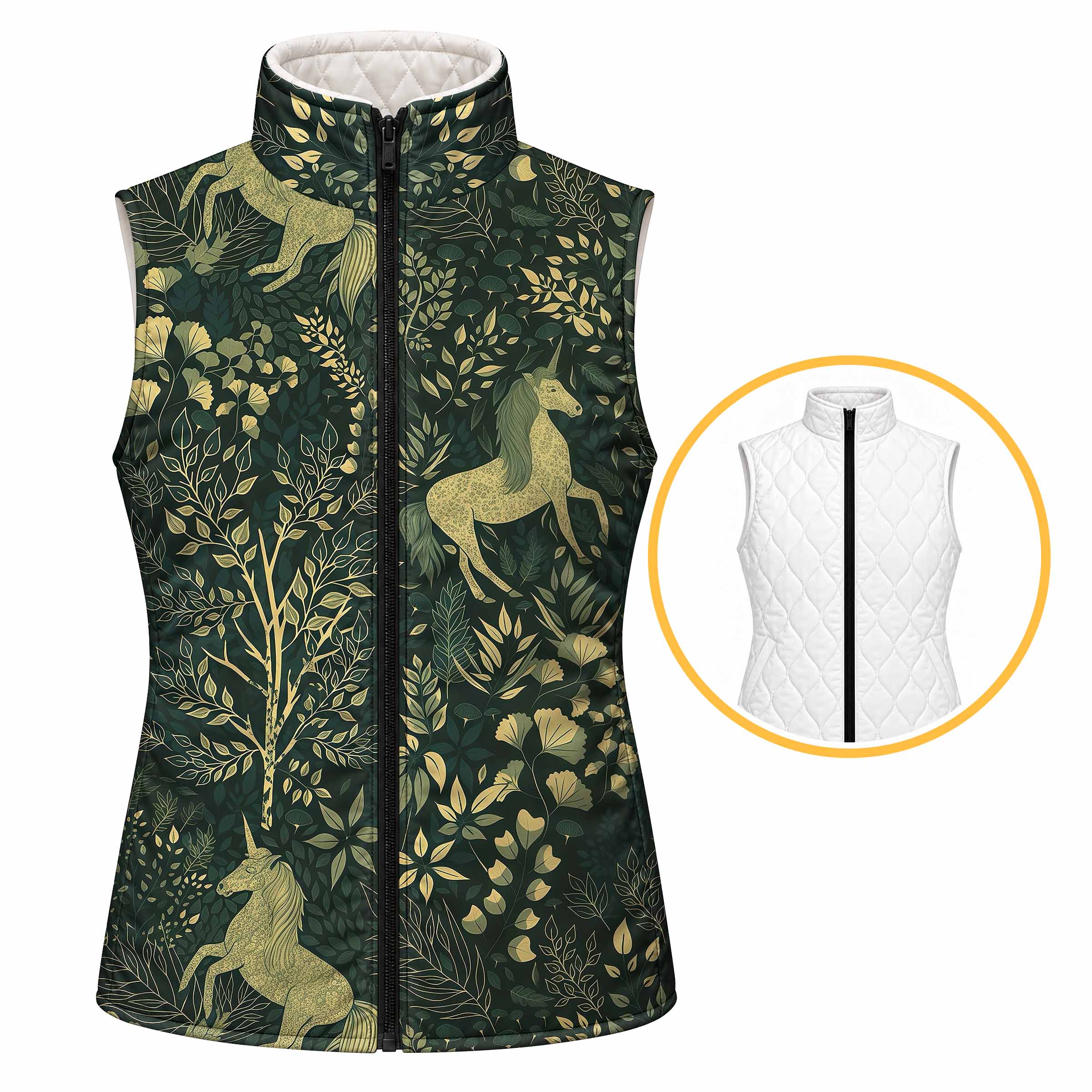 Reversible quilted equestrian vest with dark green unicorn and foliage print side facing forward, full length black zipper and standing collar