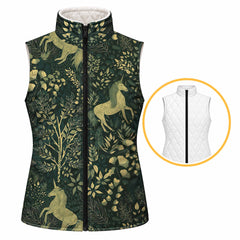 Reversible quilted equestrian vest with dark green unicorn and foliage print side facing forward, full length black zipper and standing collar