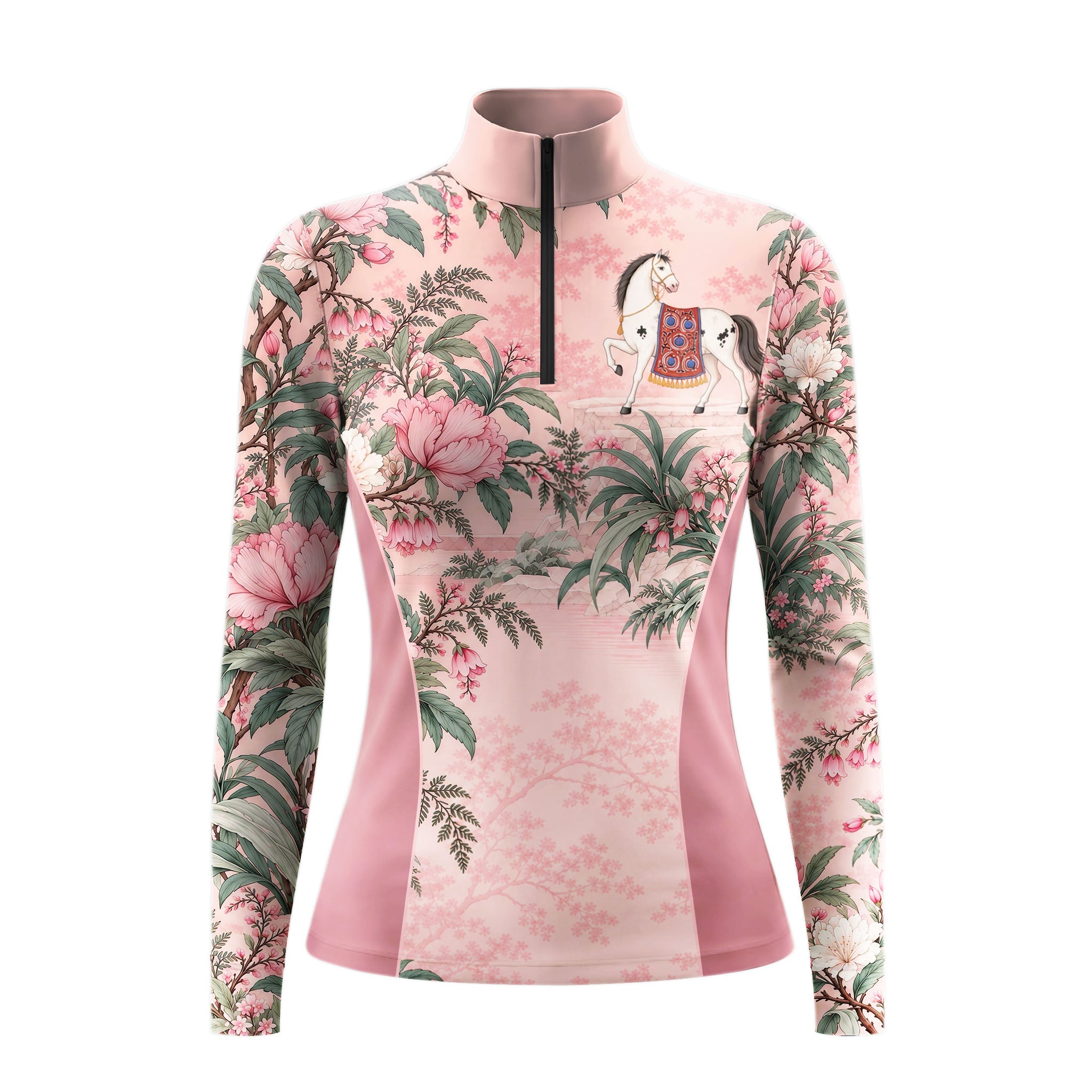 Light pink long sleeve quarter zip riding top with darker pink side panels, a printed white horse on the upper left chest, and floral artwork across the front and sleeves