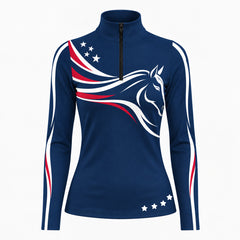 Navy long sleeve quarter zip riding top with white horse print and star accents