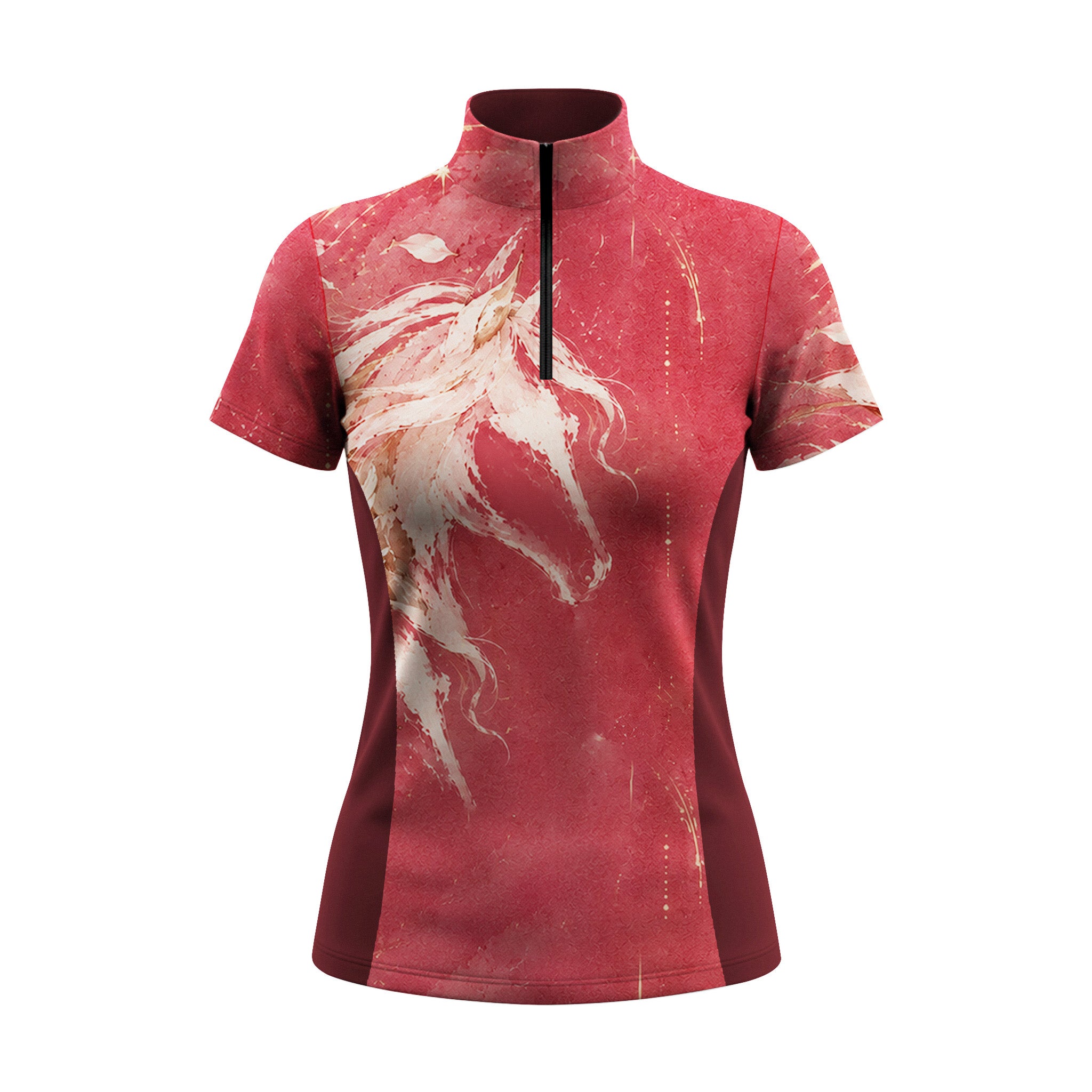 Pink short sleeve quarter zip riding top with white horse head print and maroon side panels