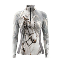 Long sleeve quarter zip riding top in white with watercolor splatter print and white horse artwork on the front