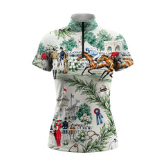 Studio front view of the white short sleeve quarter zip riding top displayed on a mannequin