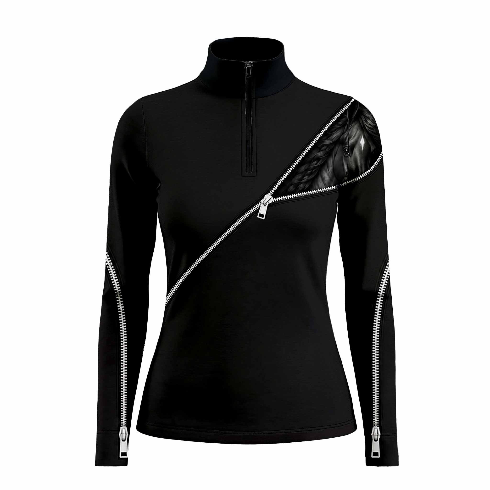 Front studio view of the solid black womens long sleeve quarter zip riding top