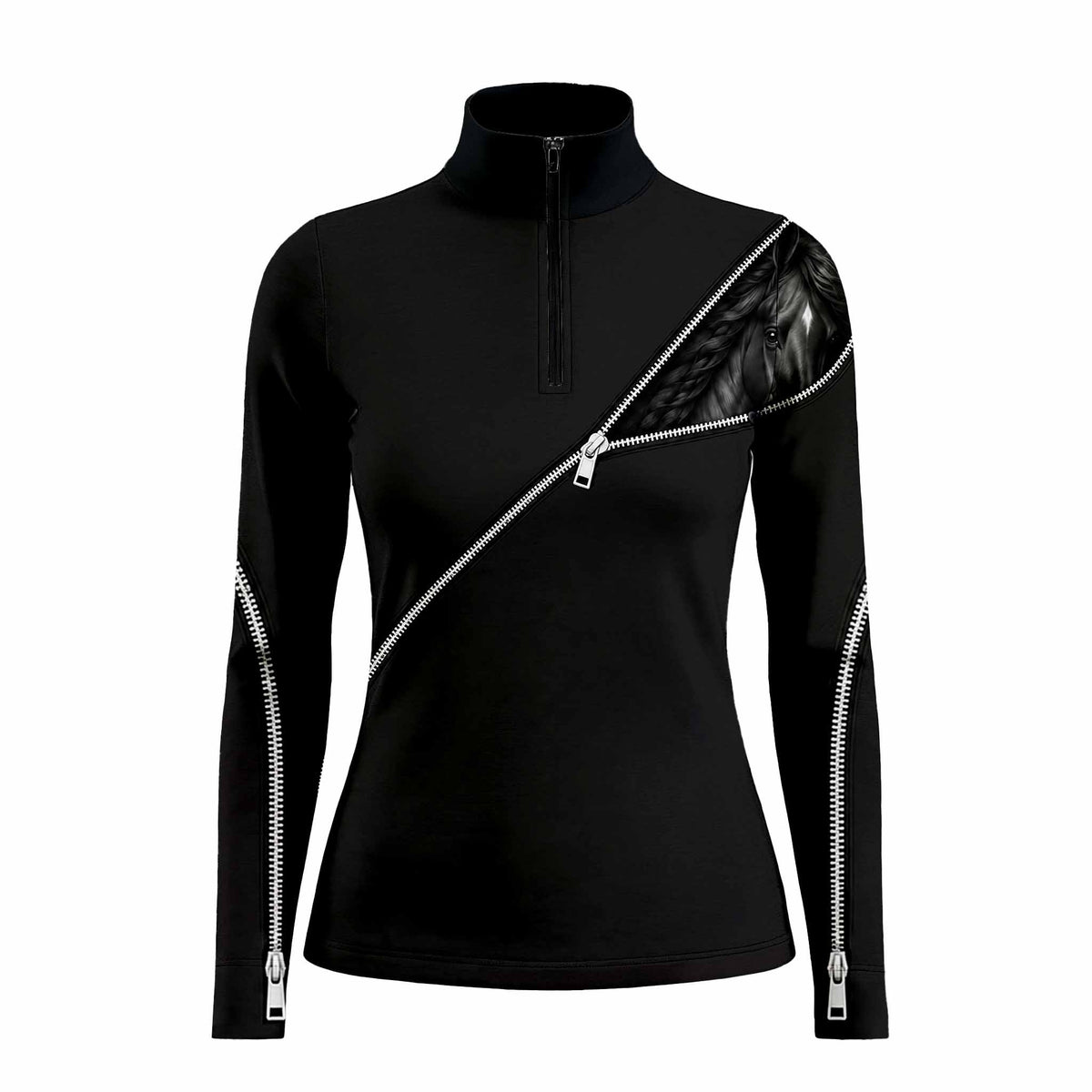 Front studio view of the solid black womens long sleeve quarter zip riding top