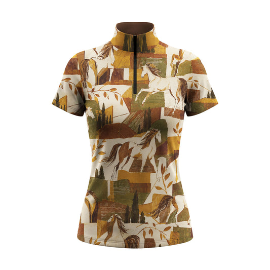 Front studio view of the yellow colorway short sleeve quarter zip riding top on a white background, showing the full all over horse and floral print