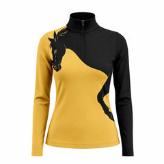 Black‑White Color‑Block Silhouette Galloping Horse Graphic Long‑Sleeve Quarter‑Zip Riding Top