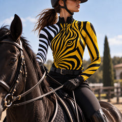 Model wearing the yellow zebra print riding top while riding a dark brown horse outdoors under a blue sky