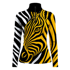 Yellow long sleeve quarter zip riding top with zebra line art print and contrast striped sleeves